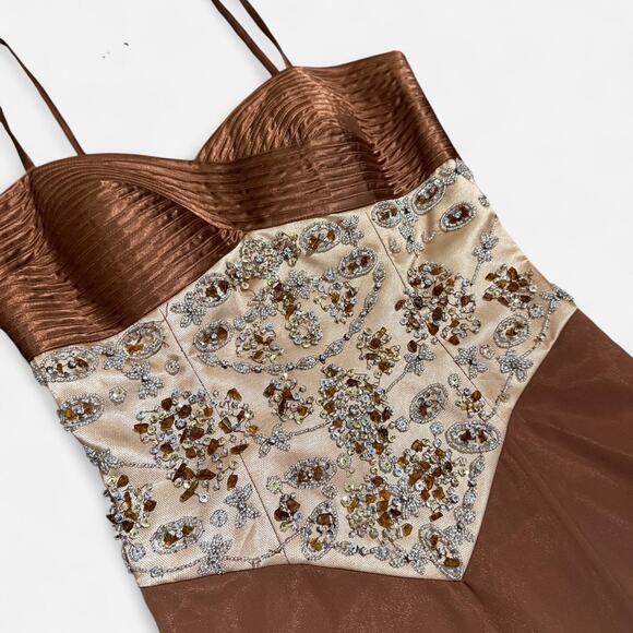 Nina Canacci Shimmery Brown & Silver Natural Stone Beaded Formal Prom Dress 2 - Picture 7 of 8